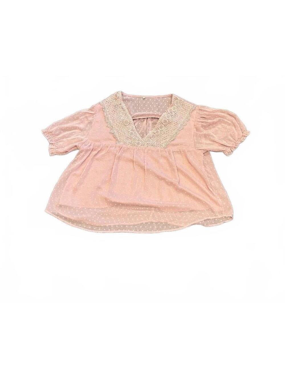 Vintage Style Pink Polka Dot Blouse with Lace V-Neck and Puff Sleeves, Size L